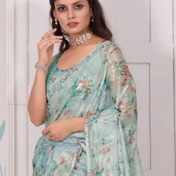 Saree Mall Blue Printed Saree With Unstitched Blouse image 3