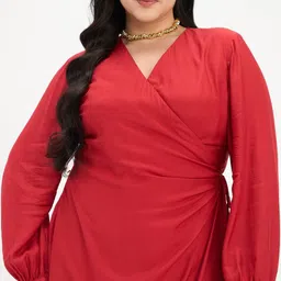 Virgio Women Solid Viscose V-Neck Wrap Plus Size Midi Dress with Tie Up image 2