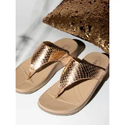 Indifeet Gold Textured & Ethnic Thong Platform Sandals image 1