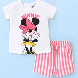 Babyhug Disney Cotton Half Sleeves Shorts Night Suit Minnie Mouse Print-White & Pink-picture-41