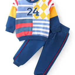 Babyhug Cotton Knit Full Sleeves Striped T-Shirt & Lounge Pants Set With Number Print - Navy Blue-picture-15