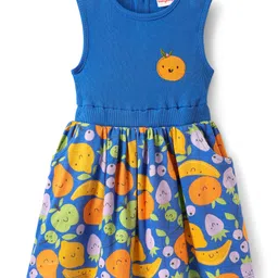 Babyhug Single Jersey Knit Sleeveless Frock with Fruits Print & Patch Detailing - Blue-picture-28