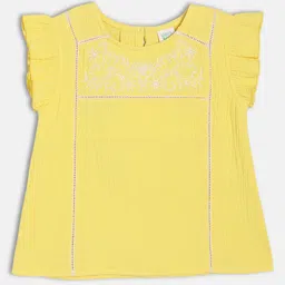 MINI KLUB Cotton Woven Sleeveless Floral Embroidered Top - Yellow-image-15