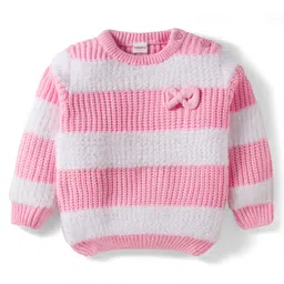 Babyhug Knit Full Sleeves Striped Pullover Sweater with Bow Applique - Pink & White-picture-28