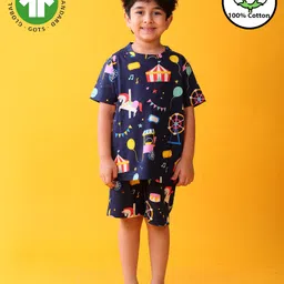 Anthrilo 100% Organic Cotton Knit Half Sleeves Carnival Theme Printed Tee & Coordinating Shorts Set - Navy Blue-picture-33