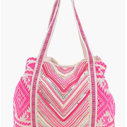 Boho girl Pink Beaded Work Tote Shoulder Bag with Cotton Self-Design and 3 Compartments-image-13