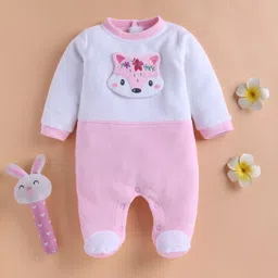 Wonderchild Full Sleeves Fox Face Applique Detailed Hooded Footed Sleepsuit - White & Pink-image-69