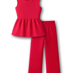 kookie kids india Kookie Kids Cotton Woven Sleeveless Solid Color Co-ords Top & Palazzo Set - Red-picture-13
