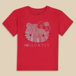 Kidsville Hello Kitty Featuring Half Sleeves Character Shaped Beads Embellished Tee - Red image 5