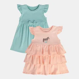 MINIKLUB Orange & Green New Born And Baby Girls Frill Sleeve Dress image 3