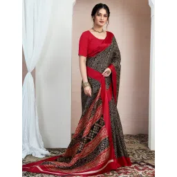 Satrani Black Silk Blend Printed Saree With Unstitched Blouse image 3