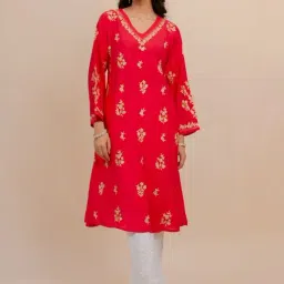 House of Kari Saba Modal Silk Kurta In Red With White Zaari Embroidery-picture-18