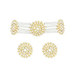 Peora White Gold-Plated Kundan & Beads Choker Earrings Set image 3