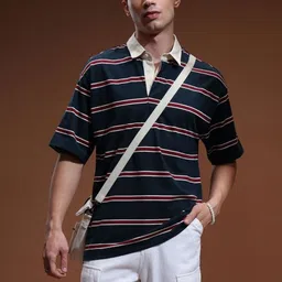 HIGHLANDER Men Striped Polo Collar Oversized T-shirt-picture-39