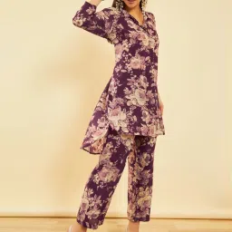 Soch Womens Wine Silk Blend Floral Printed Co-Ord Set With Beads image 3