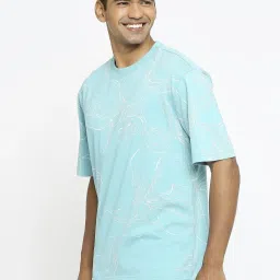 Basics Blue Cotton Relaxed Fit Printed T-Shirt image 3
