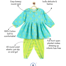 Campana Kids Turquoise & Lime Green Printed Full Sleeves Kurta with Dhoti image 3