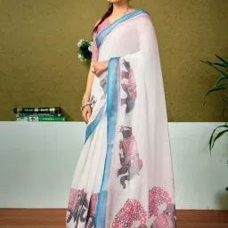 Satrani Off White Linen Printed Saree With Unstitched Blouse-picture-27
