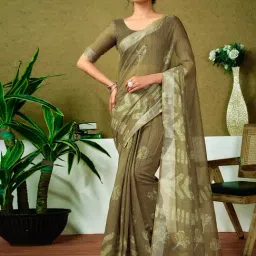 Satrani Green Linen Printed Saree With Unstitched Blouse-picture-28