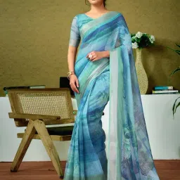 Satrani Blue Linen Printed Saree With Unstitched Blouse-picture-18