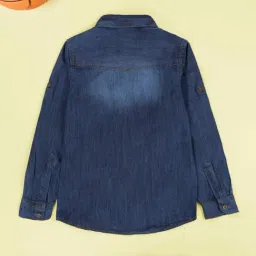 Kiddopanti Boys Medium Wash Blue Denim Printed Regular Fit Shirt image 2