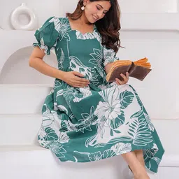Machla Floral Printed Sweetheart Neck Puff Sleeves Pure Cotton Maternity Ethnic Dress image 4