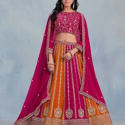 ODETTE Embroidered Semi-Stitched Georgette Lehenga & Unstitched Blouse With Dupatta image 4