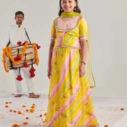 Pspeaches Cotton Blend Half Sleeves Leaves Embroidered  Lehenga Choli  With Dupatta - Yellow-image-57