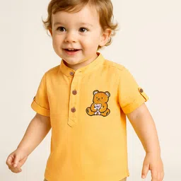 Babyoye Cotton Linen Woven Half Sleeves Solid Colour Kurta Style Shirt With Bear Embroidery - Yellow-picture-12
