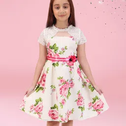 Cutecumber Half Sleeves Floral Printed & Lace Detailed Dress - Cream-picture-11