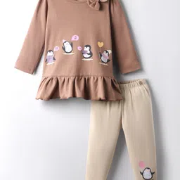 CUCUMBER Interlock Knit Full Sleeves Frock with Legging Bow Applique & Penguin Print - Brown-picture-14