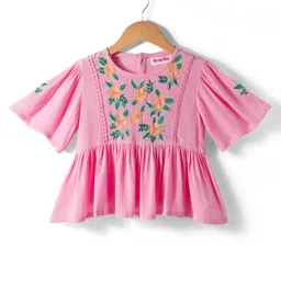 Kookie Kids Cotton Woven Crepe Half Butterfly Sleeves Top with Floral Embroidery - Pink-image-84