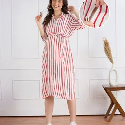 Bella Mama Woven Three Fourth Sleeves Maternity Shirt Dress With Stripes - Red & White-picture-28