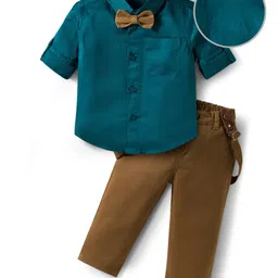 Mark & Mia Woven Full Sleeves Party Wear Solid Shirt & Trouser Set with Suspender & Bow - Teal Blue & Tan-picture-34