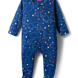 Babyhug Cotton Knit Full Sleeves Footed Sleepsuit With Dino Print - Blue image 1