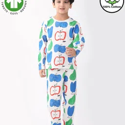 Anthrilo 100% Cotton Knit Full Sleeves Apple & Pear Printed Coordinating Night Suit Set - White-picture-19