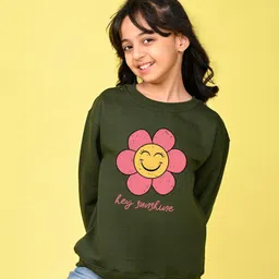 NUSYL Fleece Knit Full Sleeves Hey Sunshine Text Printed Light Winter Sweatshirt - Olive Green-image-42