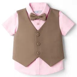 Babyoye Cotton Knit Half Sleeves Solid Color 3 Piece Party Suit with Bow - Pink & Brown image 2