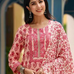 KALINI Pink Floral Printed Round Neck Straight Kurta with Trouser & Dupatta image 1