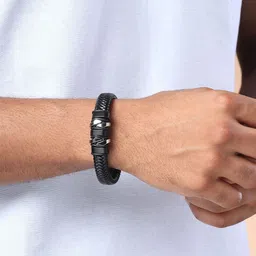 The Roadster Lifestyle Co Men Silver-Plated Leather Wraparound Bracelet-picture-25