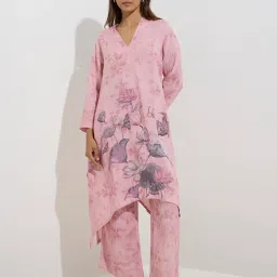 Zuba by Westside Pink Floral Design High-Low Kurta image 3