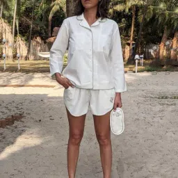 Okhai White Embroidered Shirt & Shorts Set With Eye Mask-image-46