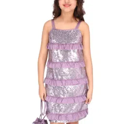 Cutecumber Kids Purple Embellished Dress with Sling Bag-image-31