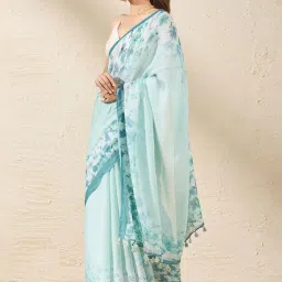 Taneira Blue Linen Printed Saree With Unstitched Blouse image 3