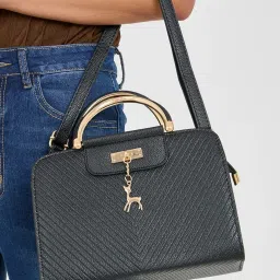 Styli Black Textured Deer Pendant Satchel Bag image 3