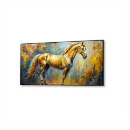 Nestroots Gold & Blue Majestic Equine Serenity In Nature Wall Painting - Black Floating Frame image 2