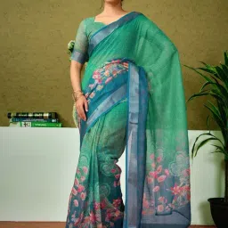 Satrani Green Linen Printed Saree With Unstitched Blouse-picture-28