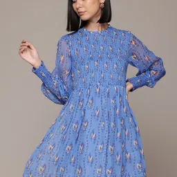 Label Ritu Kumar Print Bishop Sleeves Smocked Chiffon Fit & Flare Dress-picture-38