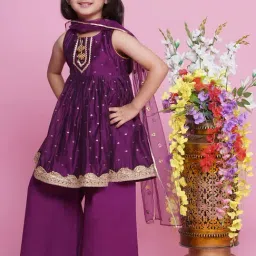 Little Bansi Girls Purple Self Design Kurta, Plazzos with Dupatta image 4
