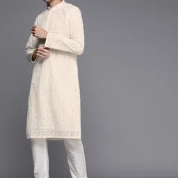 Manyavar Men Off White Ethnic Motifs Silk Georgette Kurta with Churidar image 4